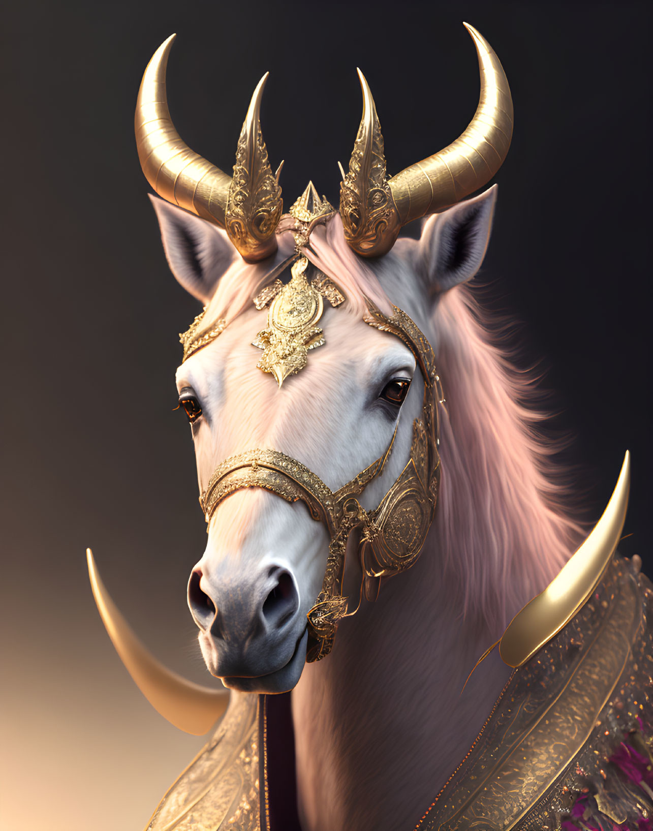 Majestic horse with golden horn and headpiece in fantasy setting