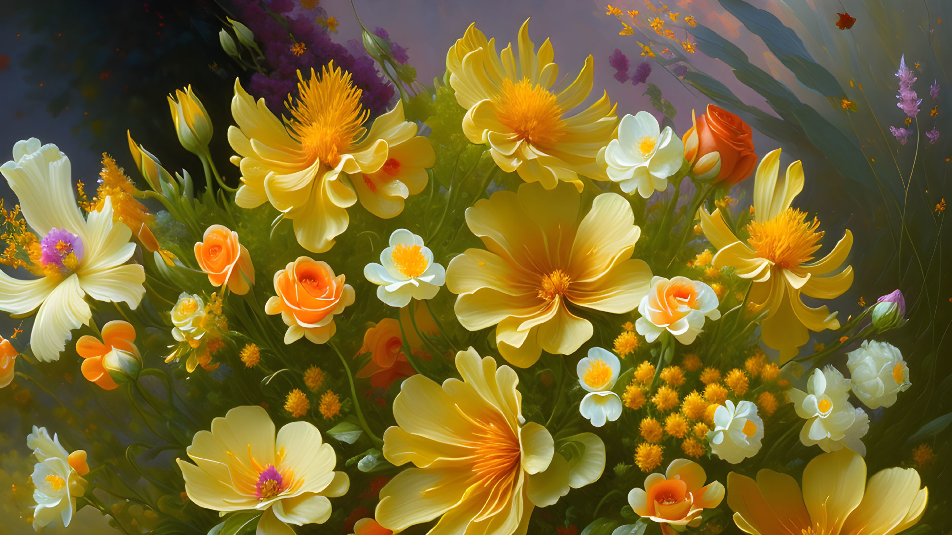 Yellow and Orange Flowers with Green Leaves on Dark Background