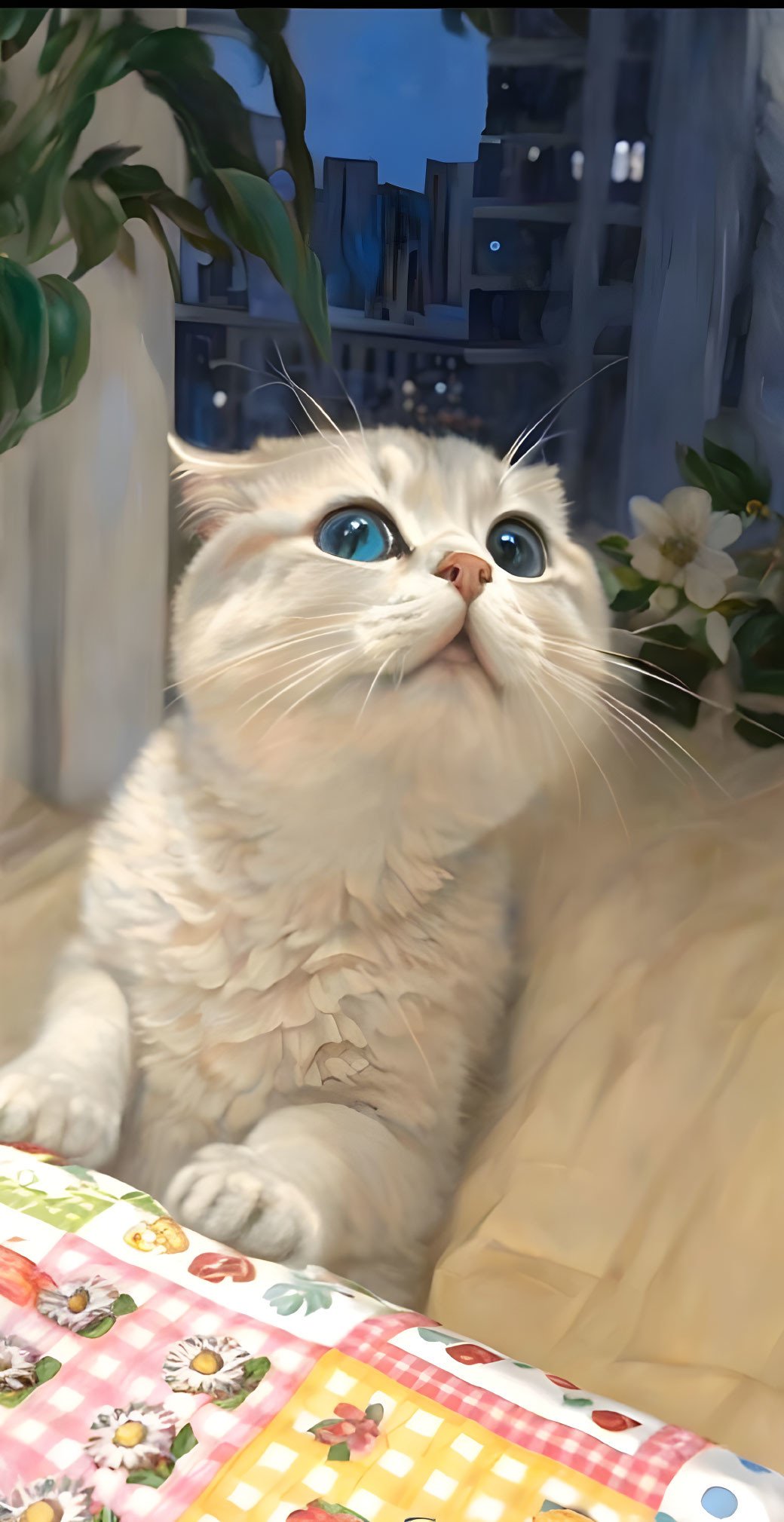 Fluffy white cat with blue eyes by window at twilight