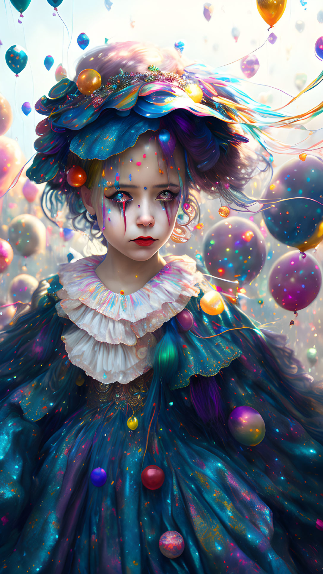 Colorful portrait of girl with balloon headdress and ruffled collar against bubble backdrop