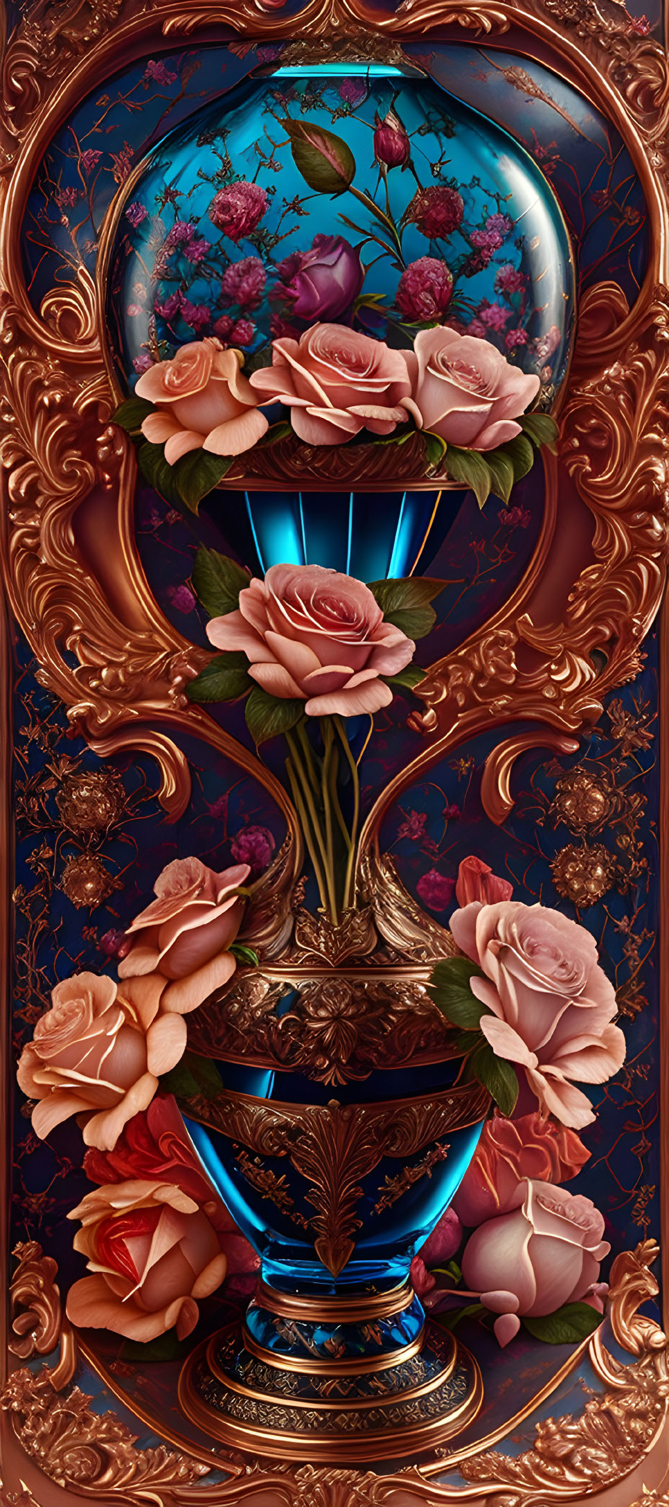 Baroque-style golden frame with roses in glass dome on dark background