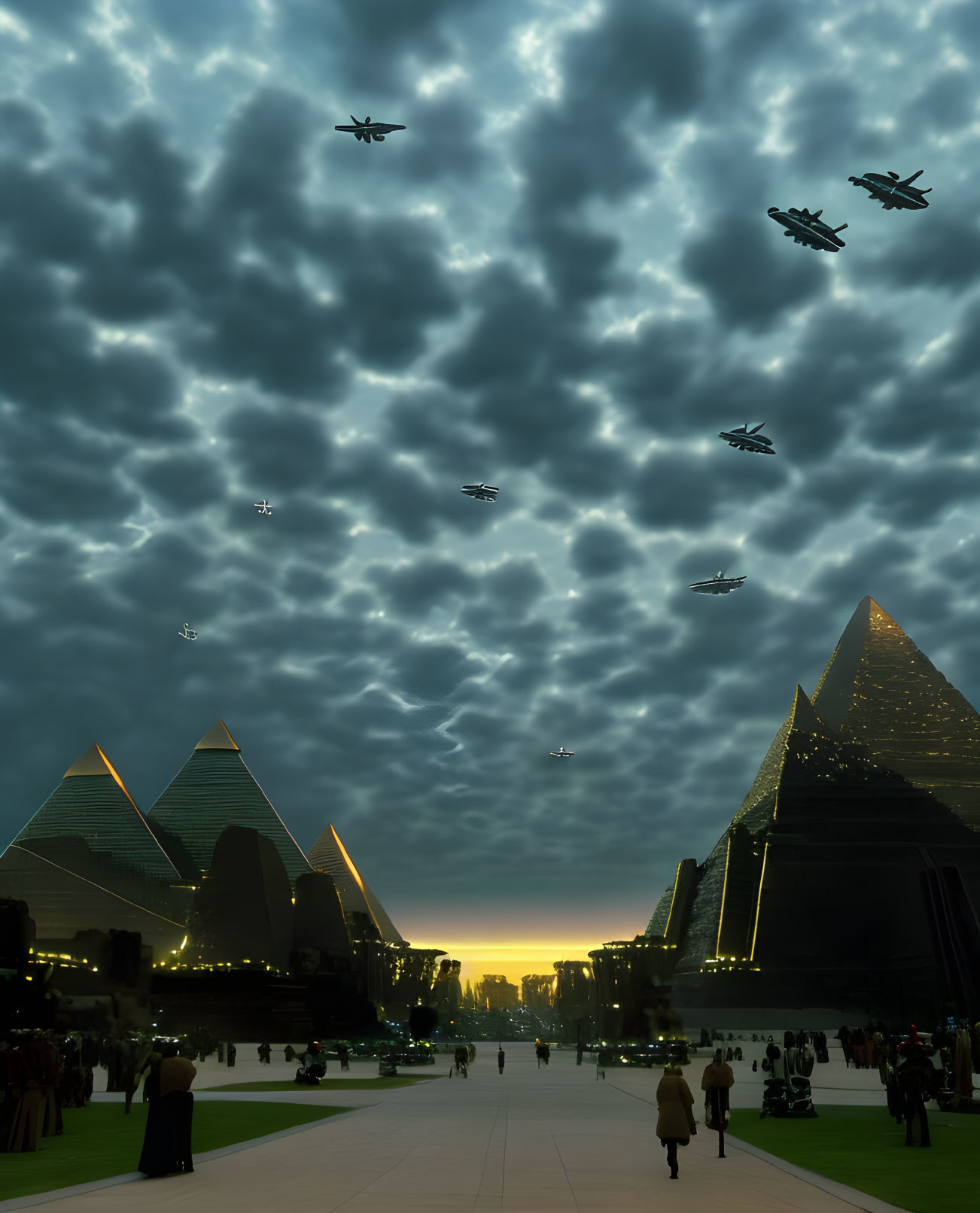 Futuristic cityscape with pyramid-like buildings and dramatic sky.