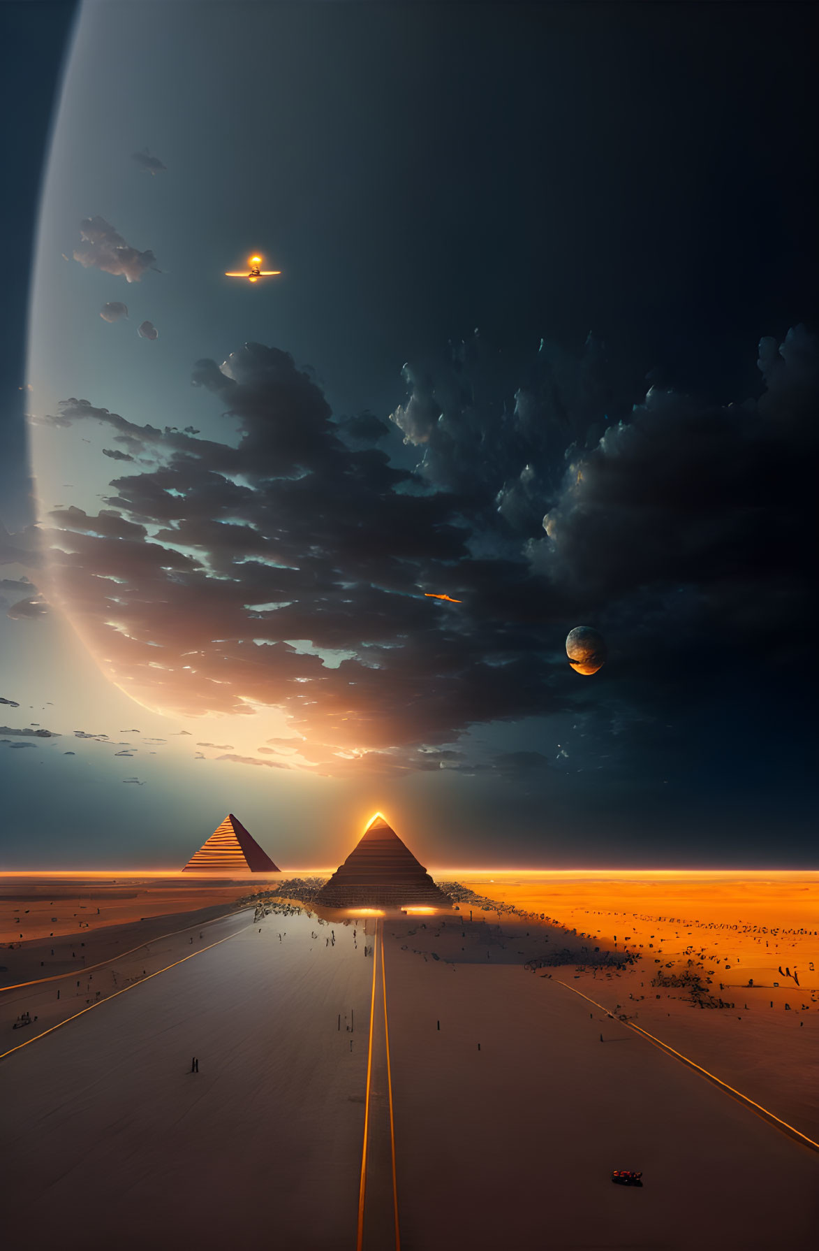 Ancient pyramids under dramatic sky with planet, moon, path, and figures.