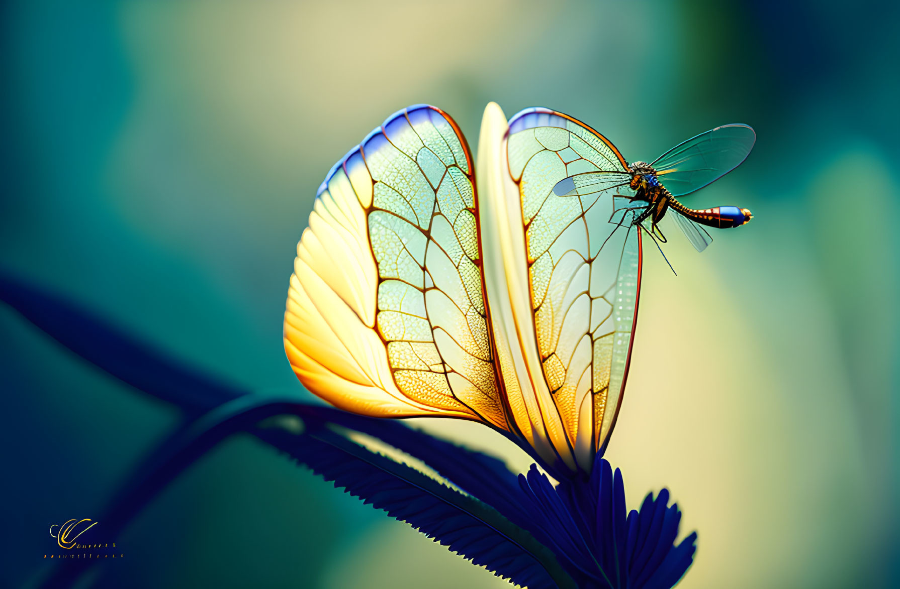 Dragonfly perched on transparent-winged butterfly on leaf with teal and yellow bokeh.