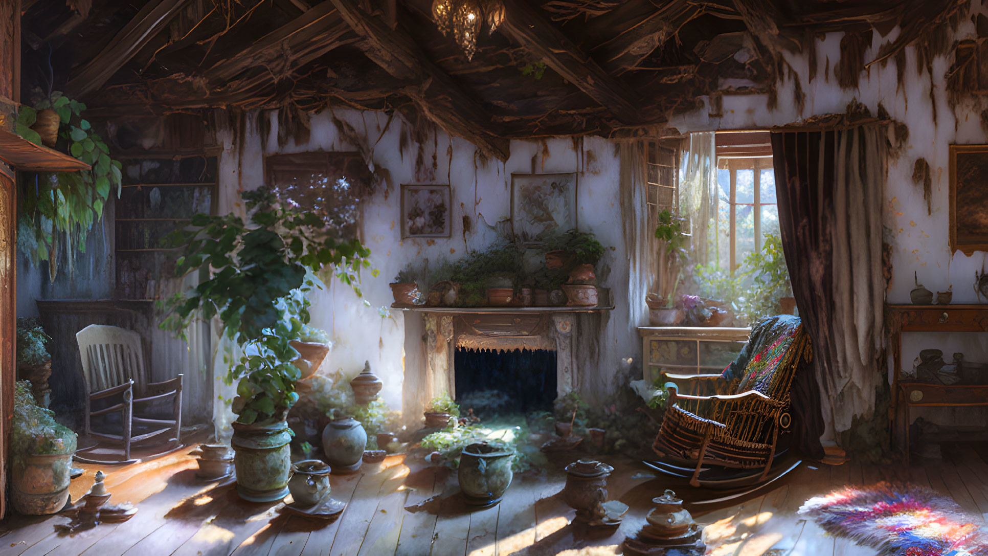 Sunlit Rustic Cottage Interior with Fireplace, Rocking Chair, Plants & Vintage Decor