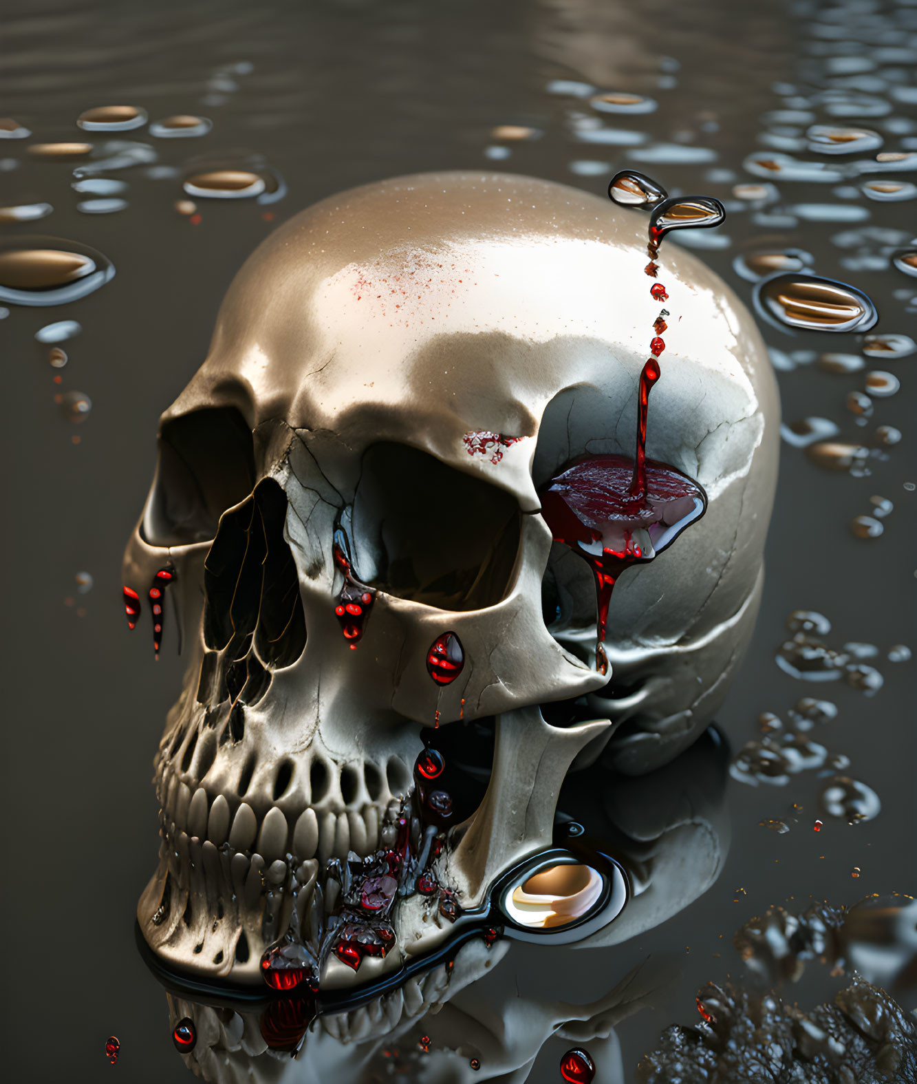 3D rendered human skull in water with blood and melting candles