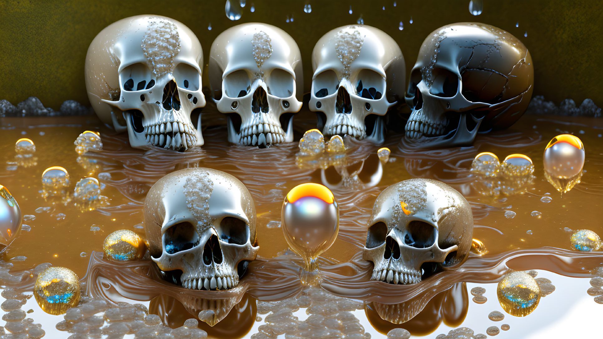 Skulls partially submerged in reflective liquid with colorful drop.