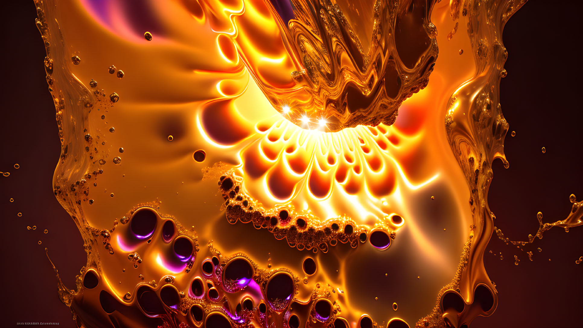 Abstract swirling golden and orange fluid shapes with bubbles and intricate patterns.