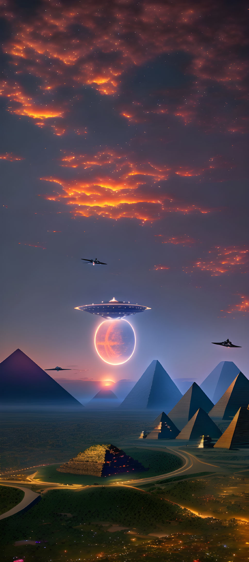 Sci-fi landscape with pyramids, alien spacecraft, and fighter jets