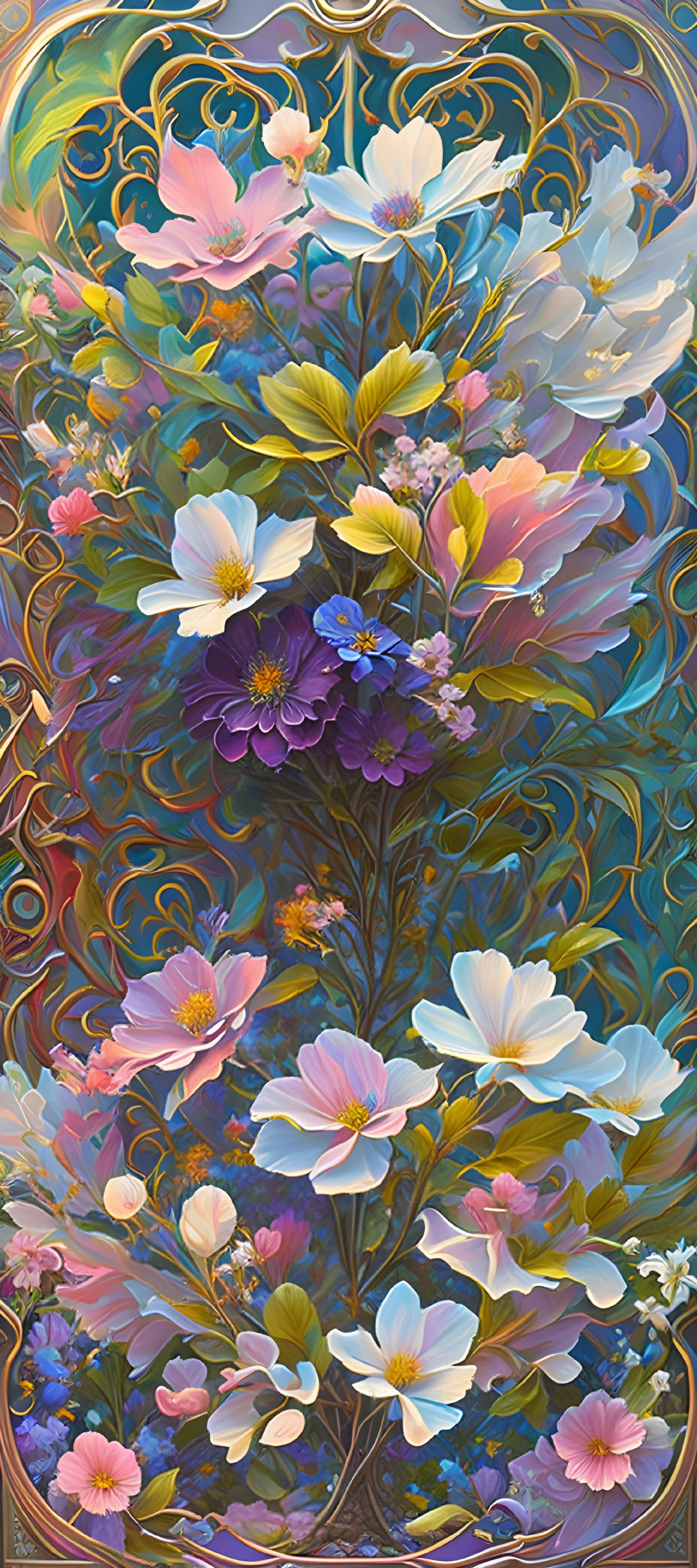 Intricate floral art piece with rich blossoms and swirling background