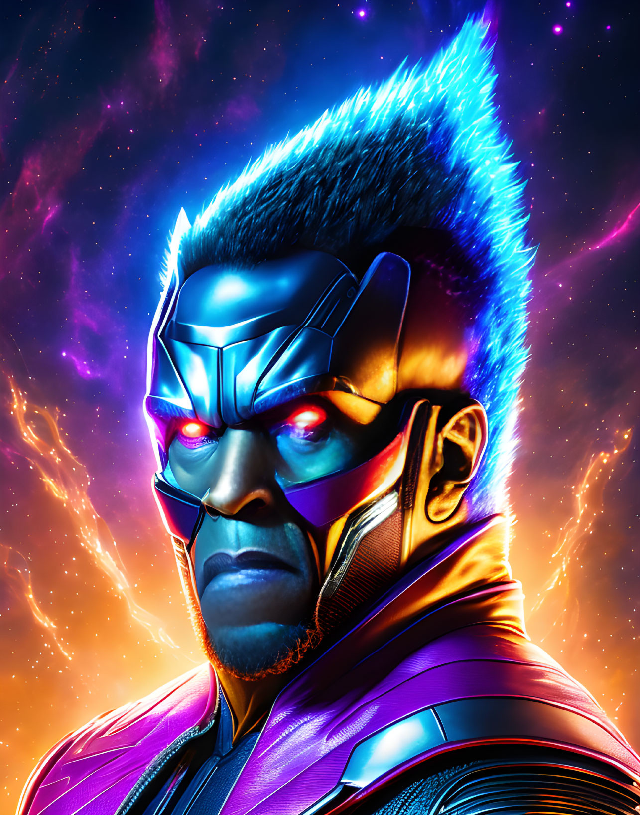 Colorful superhero illustration with blue eyes, metallic mask, blue mohawk, and purple suit against