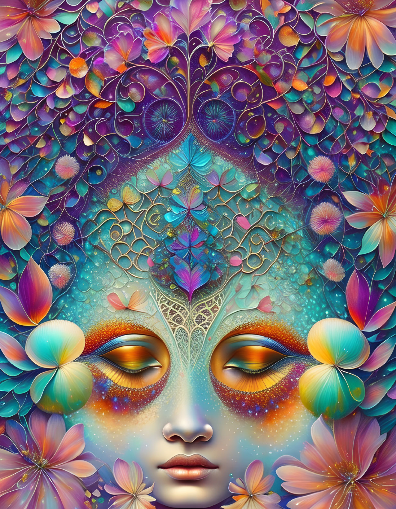 Vibrant digital art: serene female face with closed eyes, intricate floral patterns