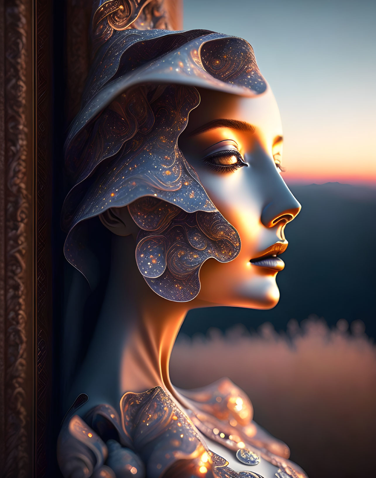 Digital artwork of woman in ornate headscarf at sunset