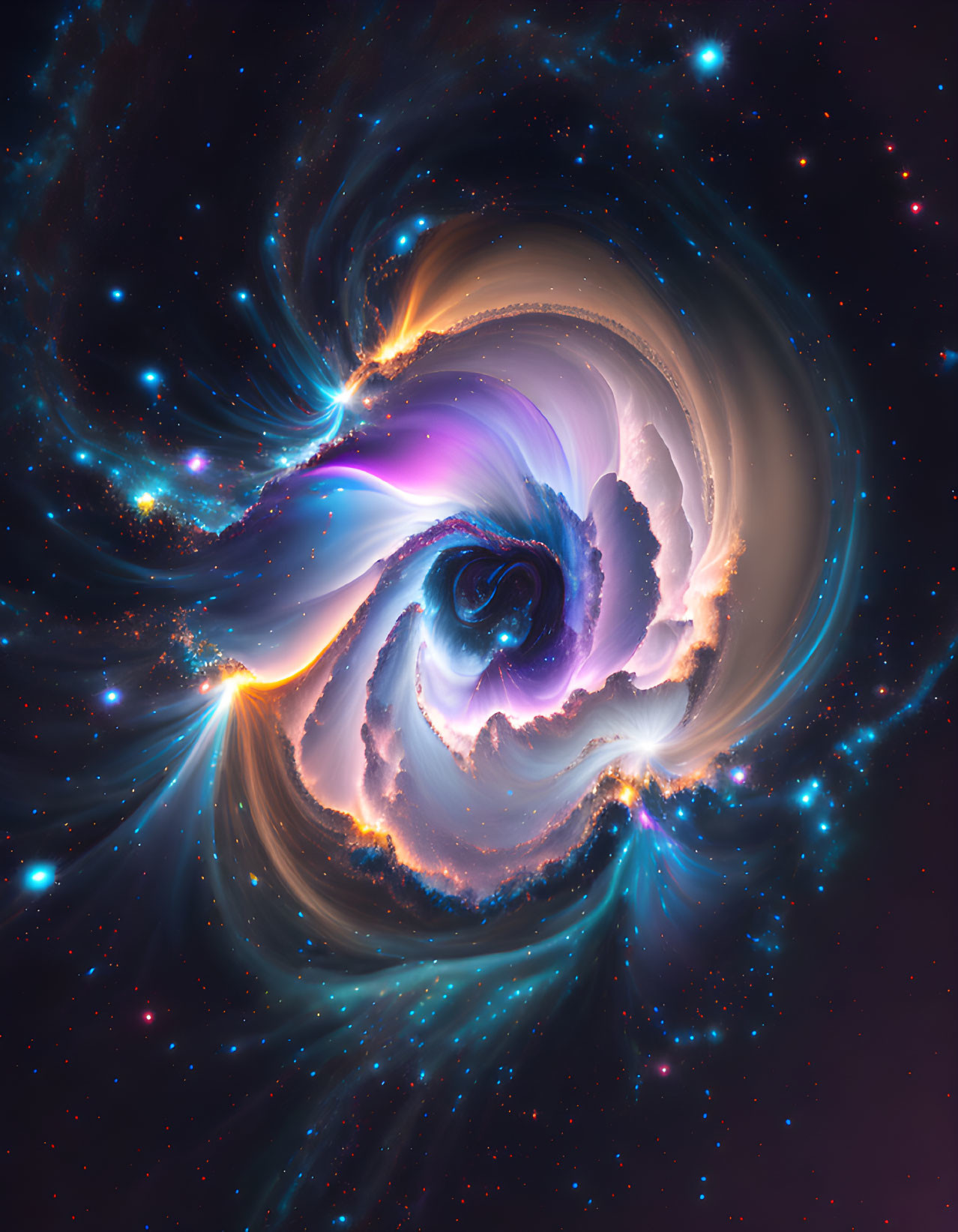 Colorful cosmic swirl with stars in purple, blue, and orange