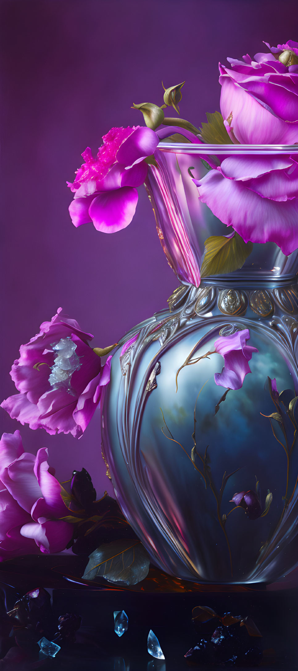 Elegant vase with pink flowers on purple background and crystals