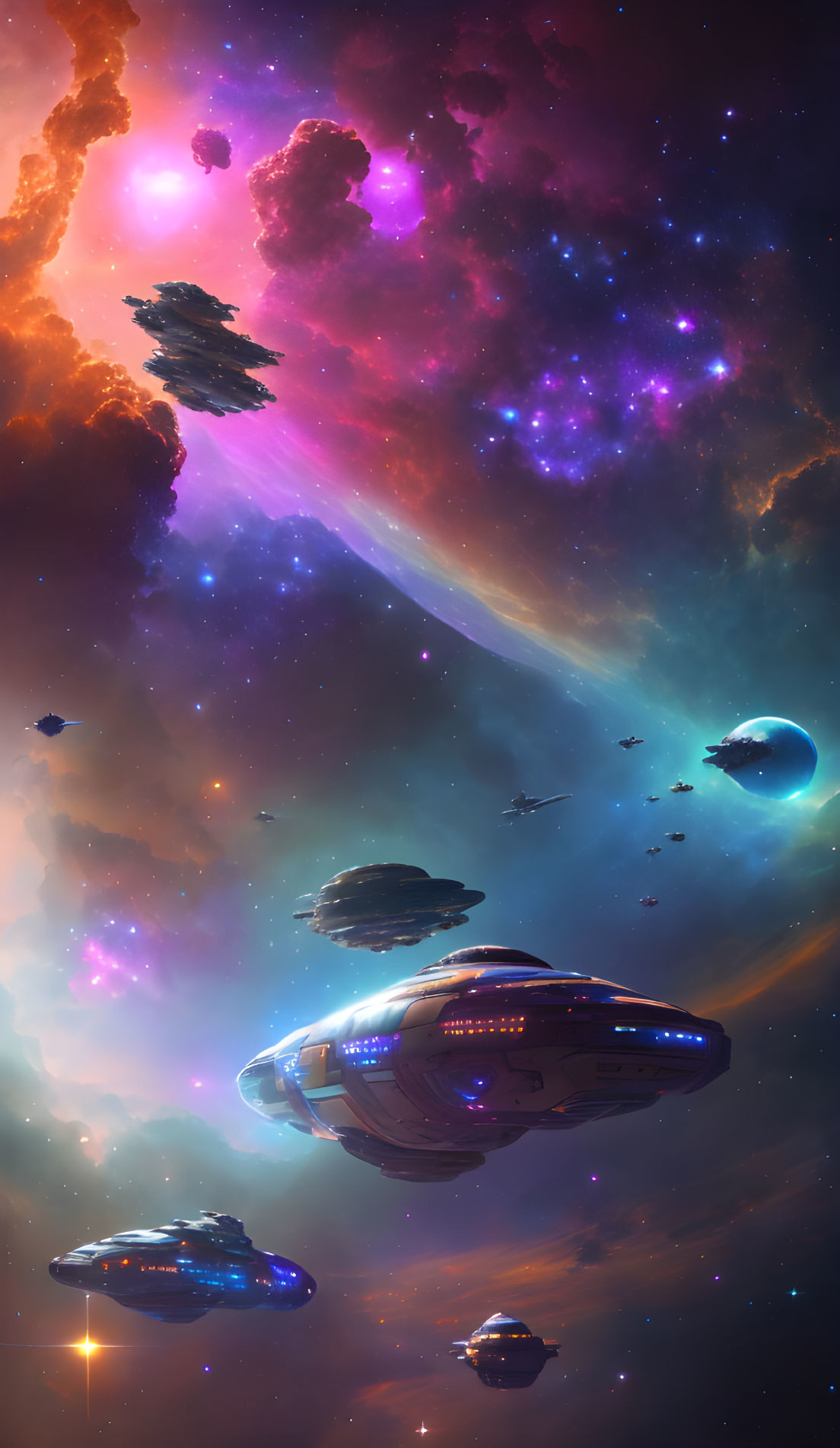 Spaceships in colorful nebula starscape with large ship and distant planet.