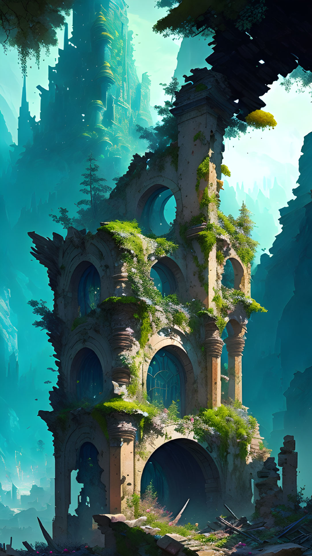 Mystical forest with overgrown ruins and ancient civilization hints