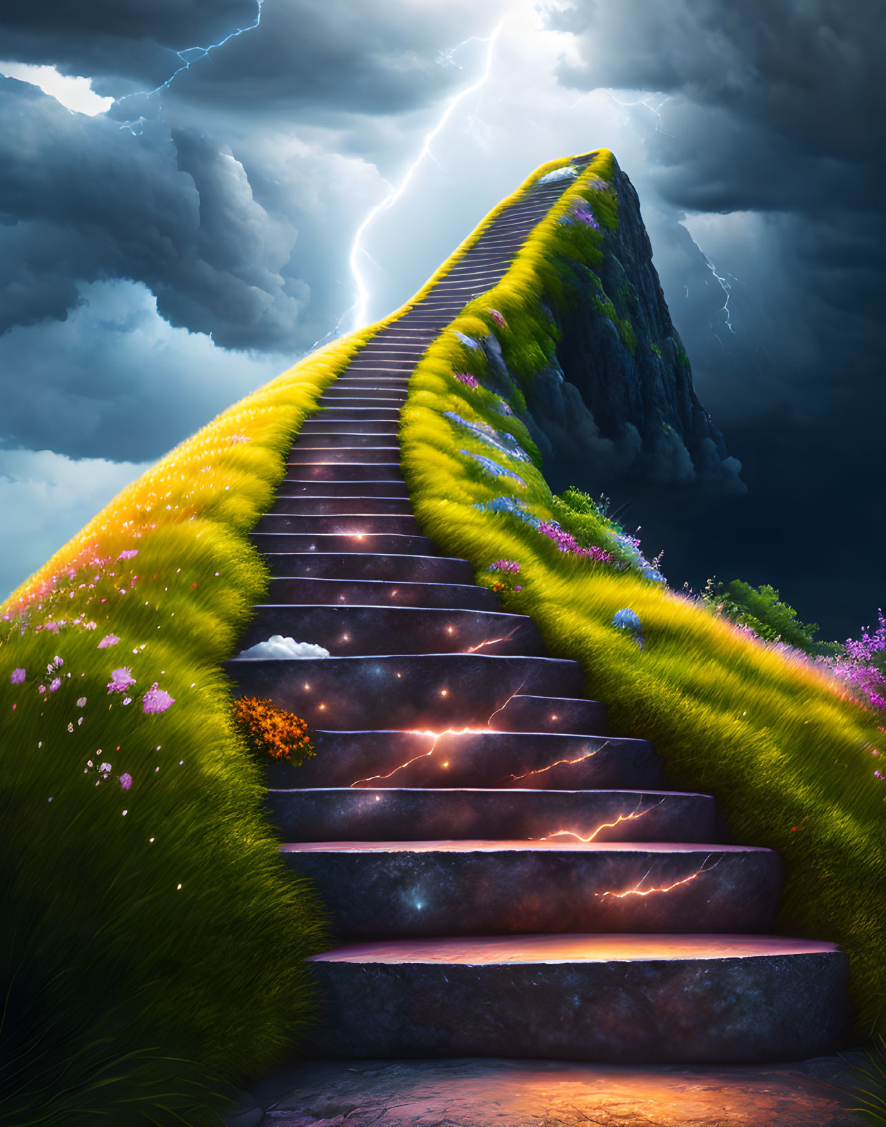 Mystical stone staircase ascends to mountain peak in stormy sky