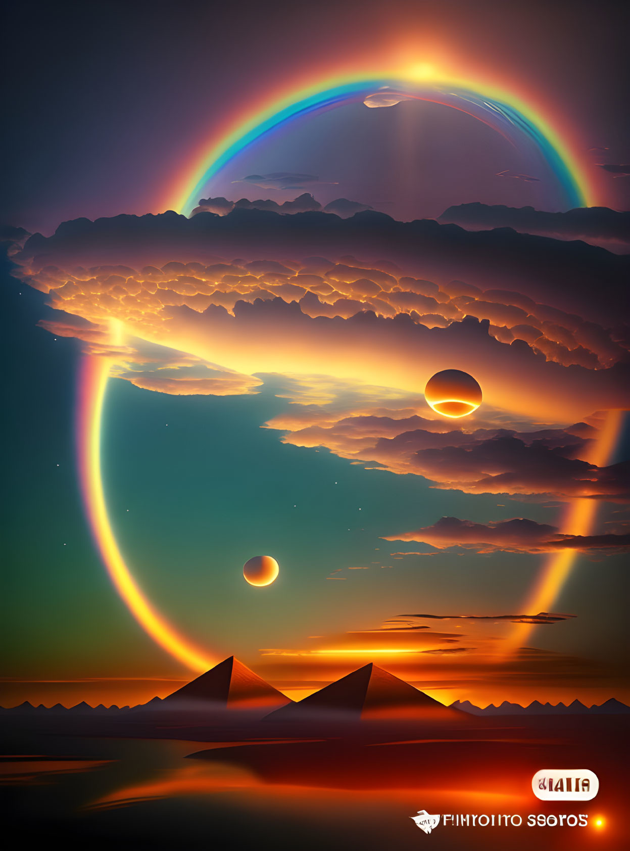 Surreal sunset with pyramids, rainbow, and celestial bodies over water