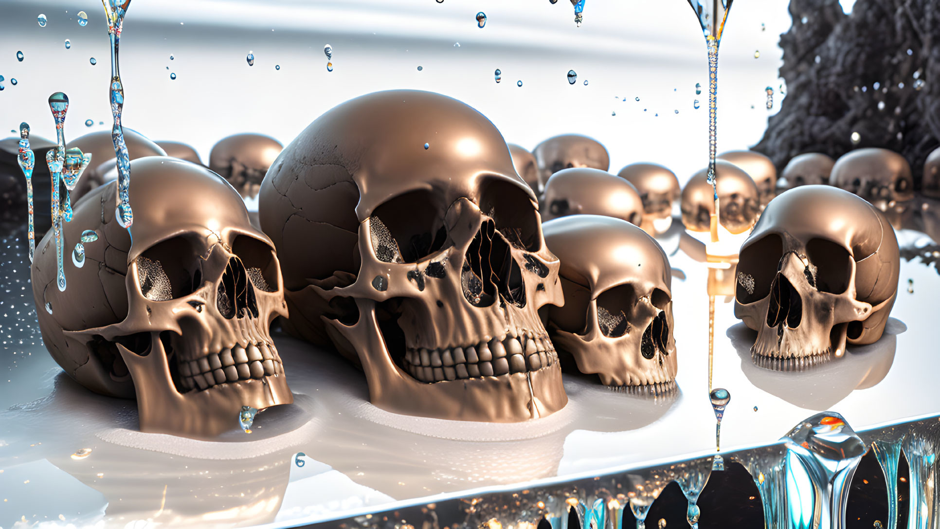 Reflective surface with bronze skulls and water droplets in surreal composition