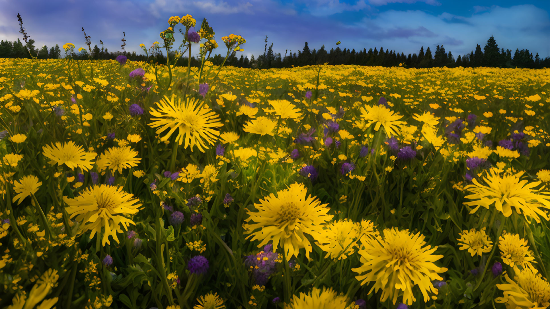 Scenic yellow wildflowers field under cloudy sky