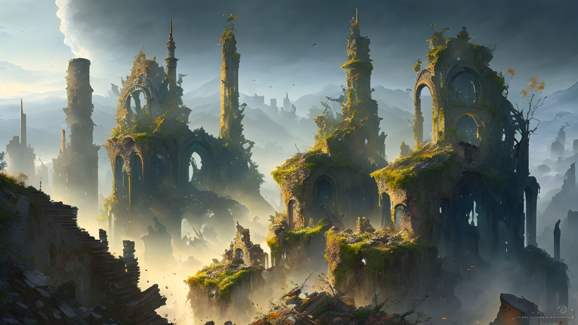 Ethereal landscape of ancient ruins in misty setting