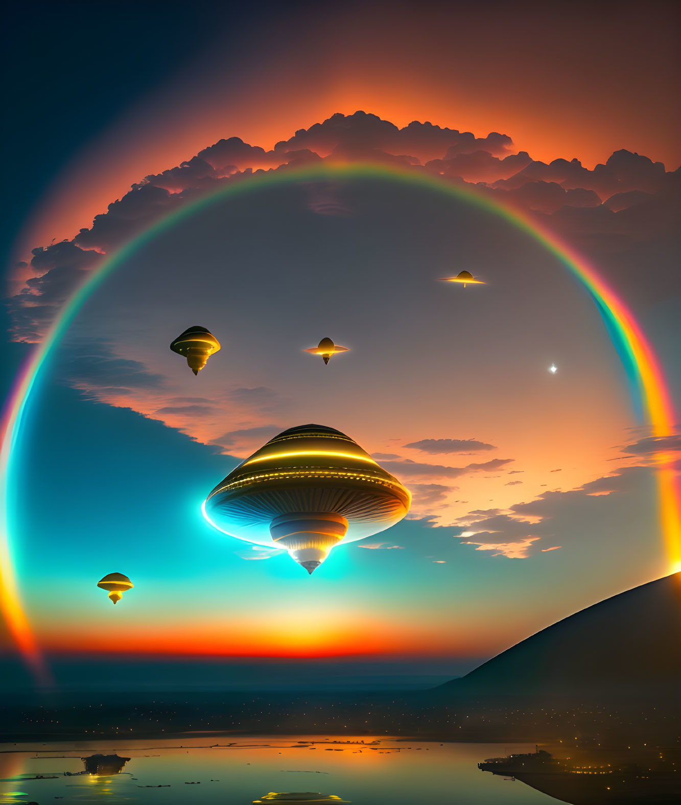 Colorful sunset sky with double rainbow and UFO-like airships over coastal cityscape