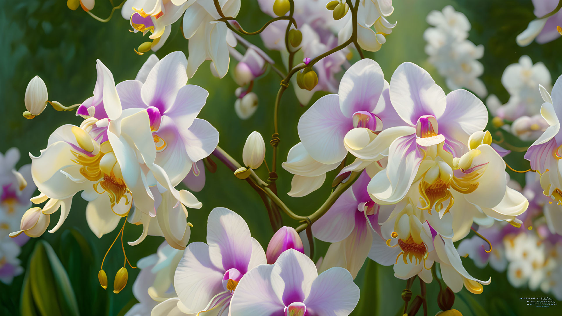 White and Purple Orchids with Yellow Centers in Lush Greenery