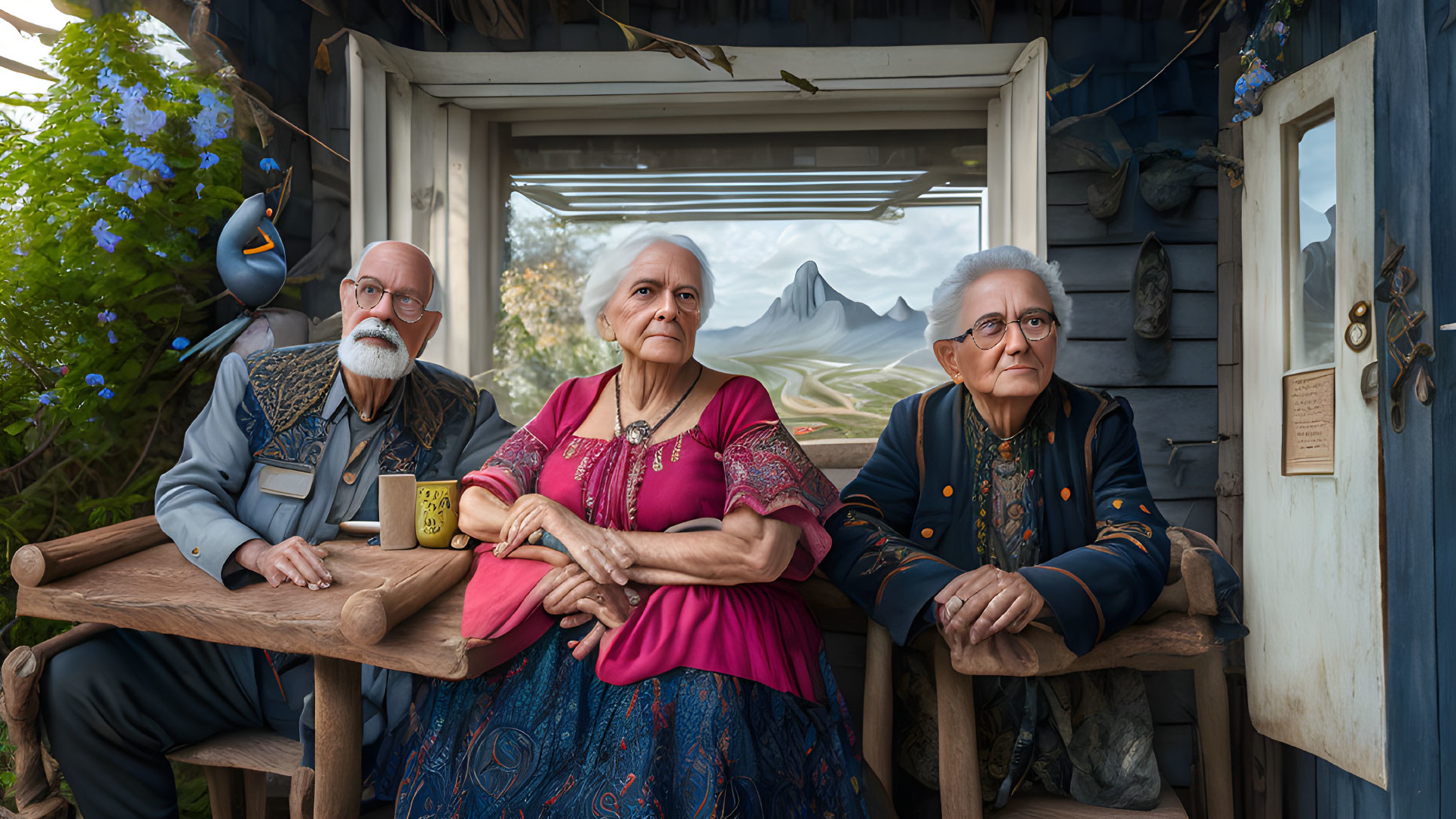 Elderly individuals in colorful attire at wooden table with mountain view