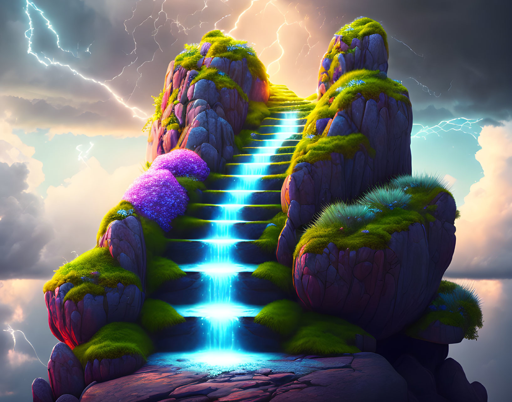 Vibrant mossy rocks under stormy sky with lightning on glowing staircase