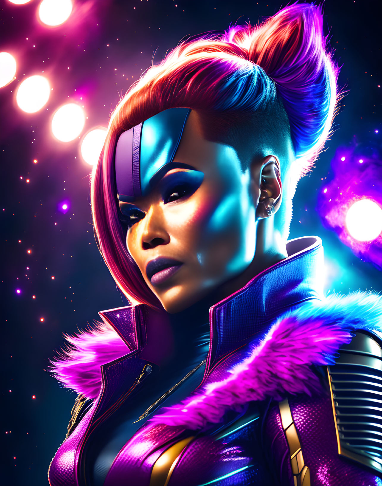 Futuristic female character with mohawk hair and visor in purple jacket