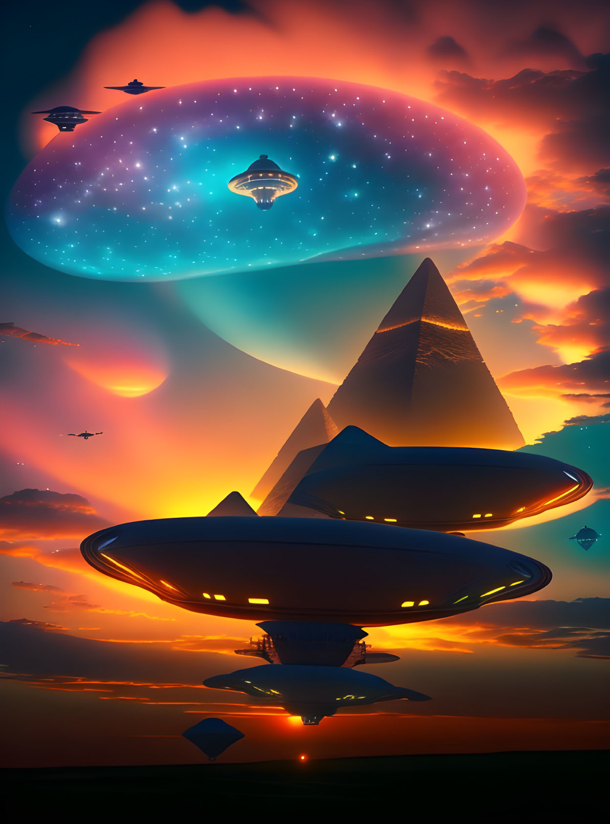 Sci-fi scene: UFOs, pyramids, cosmic shield over advanced civilization