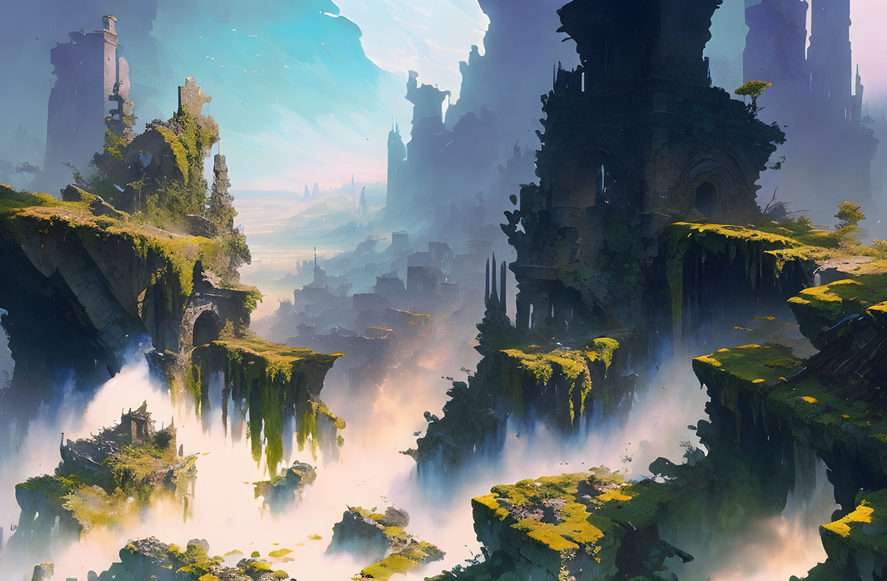 Moss-Covered Cliffs, Waterfalls, and Mystical Ruins in Bright Sky