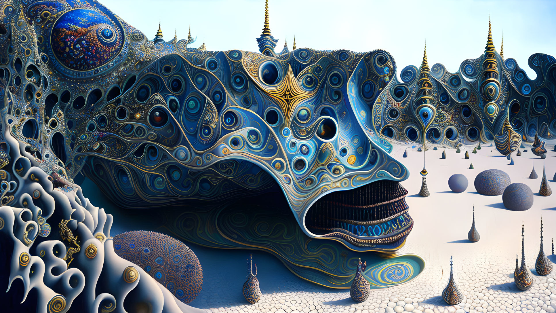 Surreal landscape with intricate shapes resembling a face