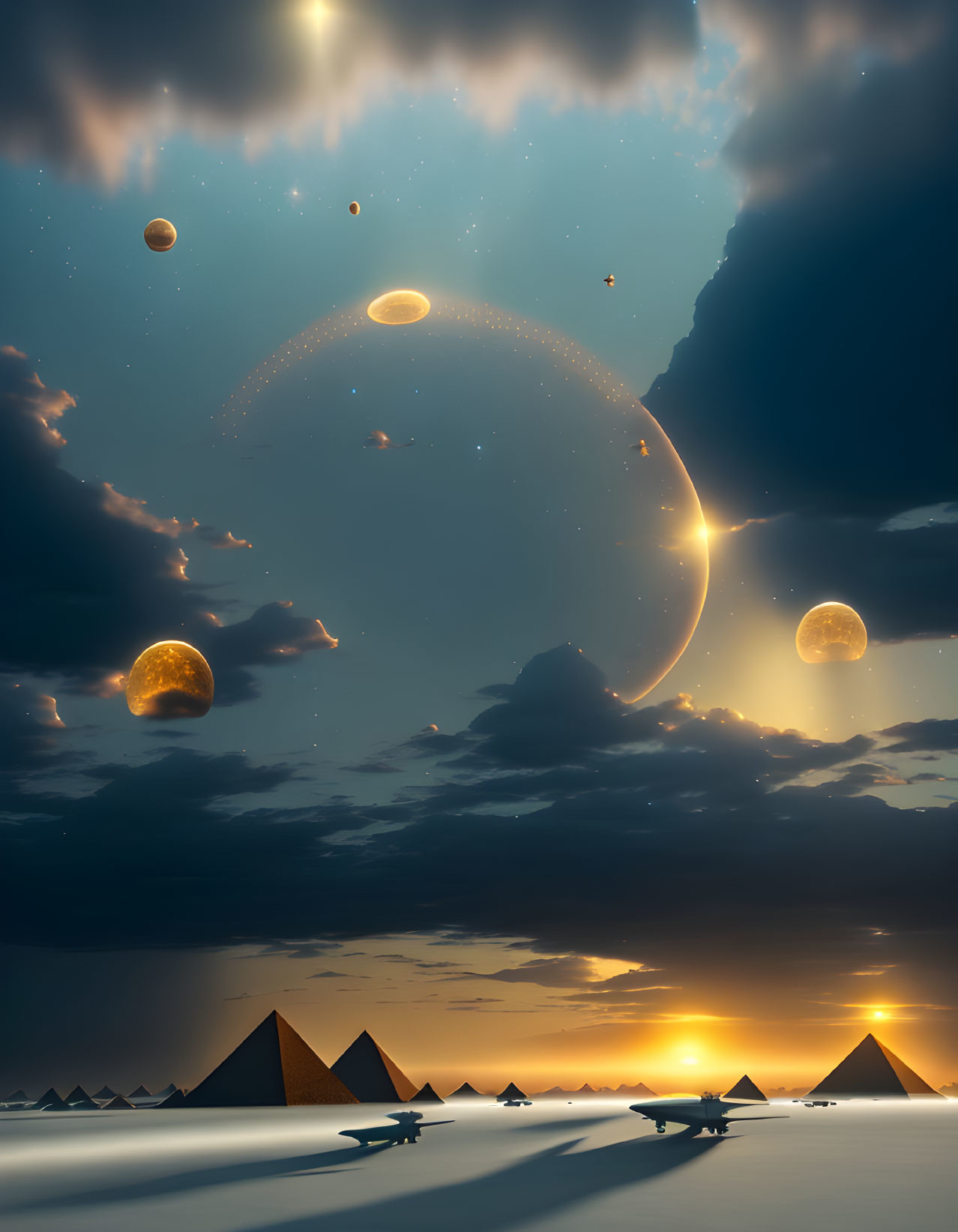 Surreal dusk landscape with pyramids, glowing crescent horizon, and multiple planets in sky