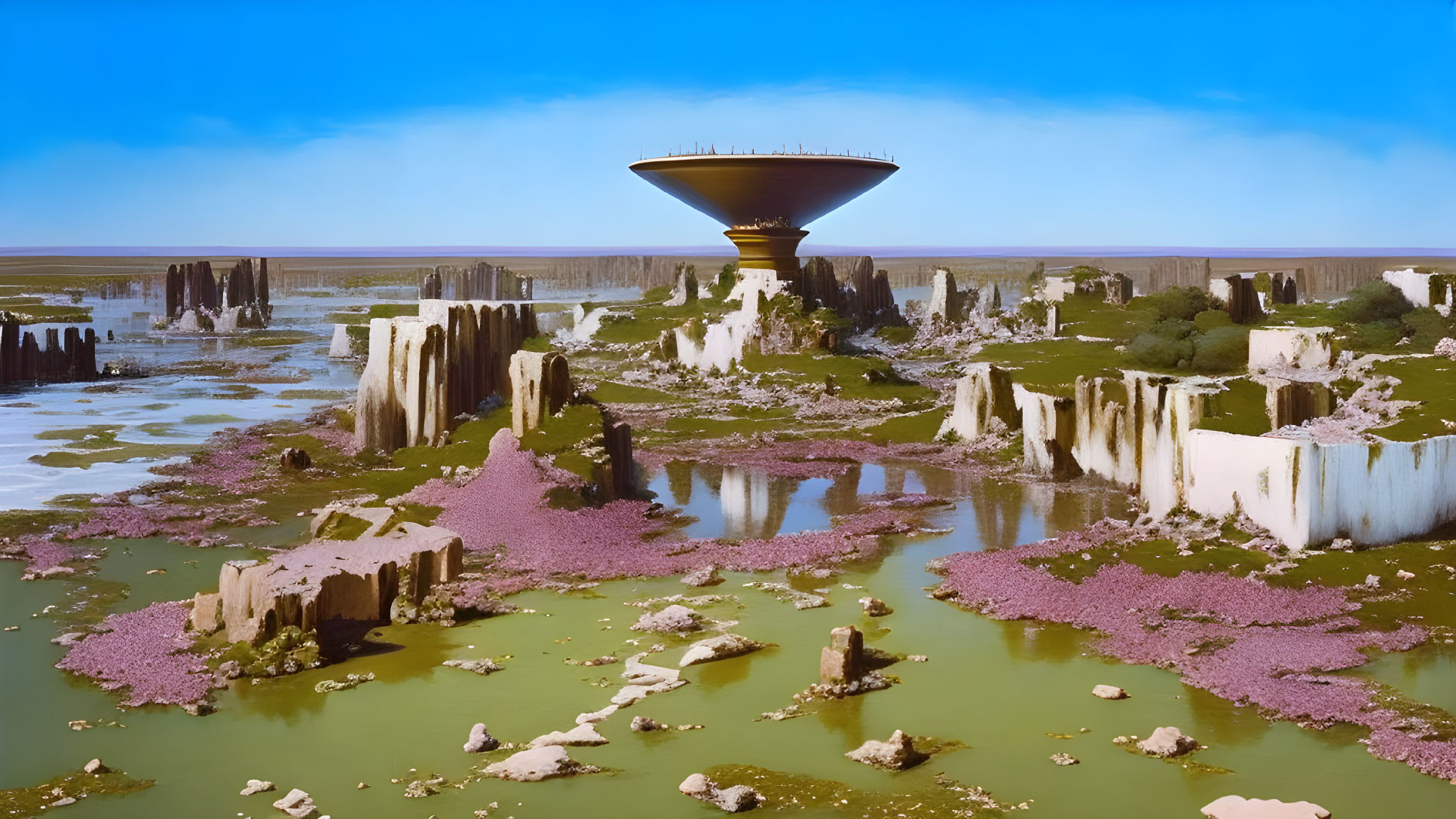 Surreal futuristic landscape with flying saucer structure on eroded pillars surrounded by green waters and pink