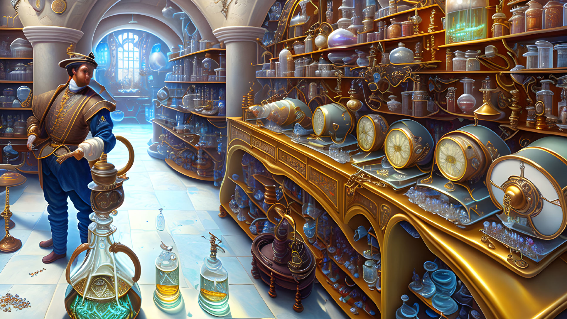 Renaissance person in ornate alchemy shop with bottles and books