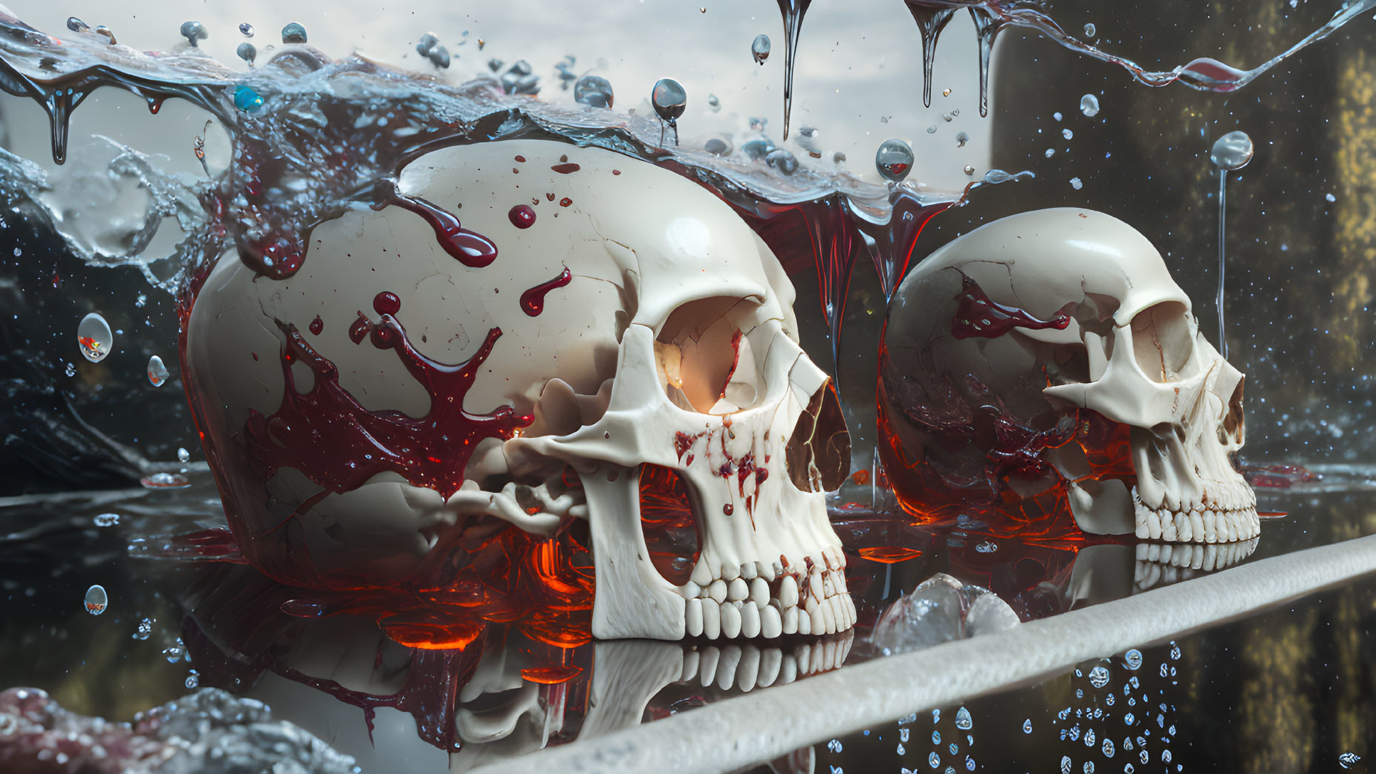 Human skulls in clear and red liquid on reflective surface, stormy background.