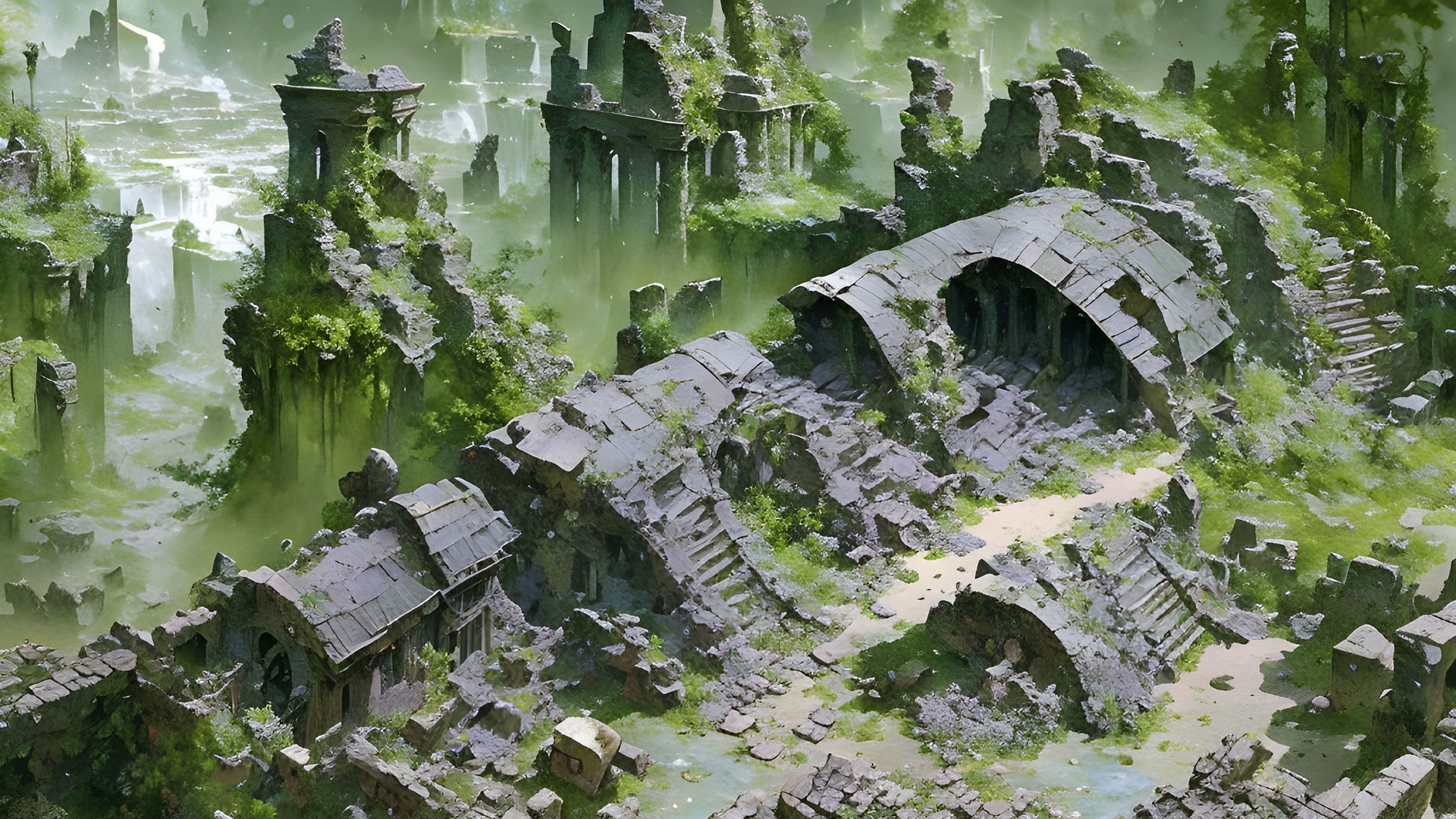 Ancient stone ruin with arches in lush forest.