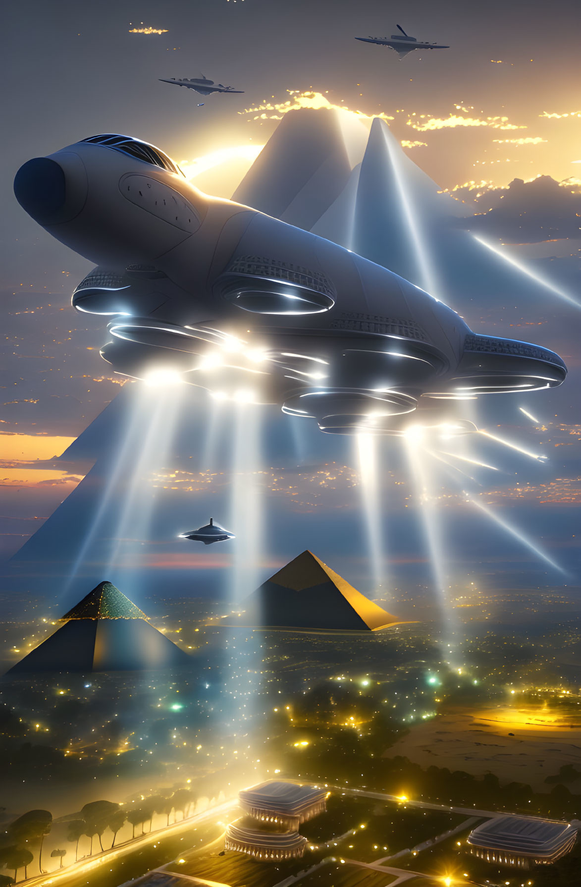 Futuristic spaceships over ancient Egyptian pyramids and Sphinx at sunset