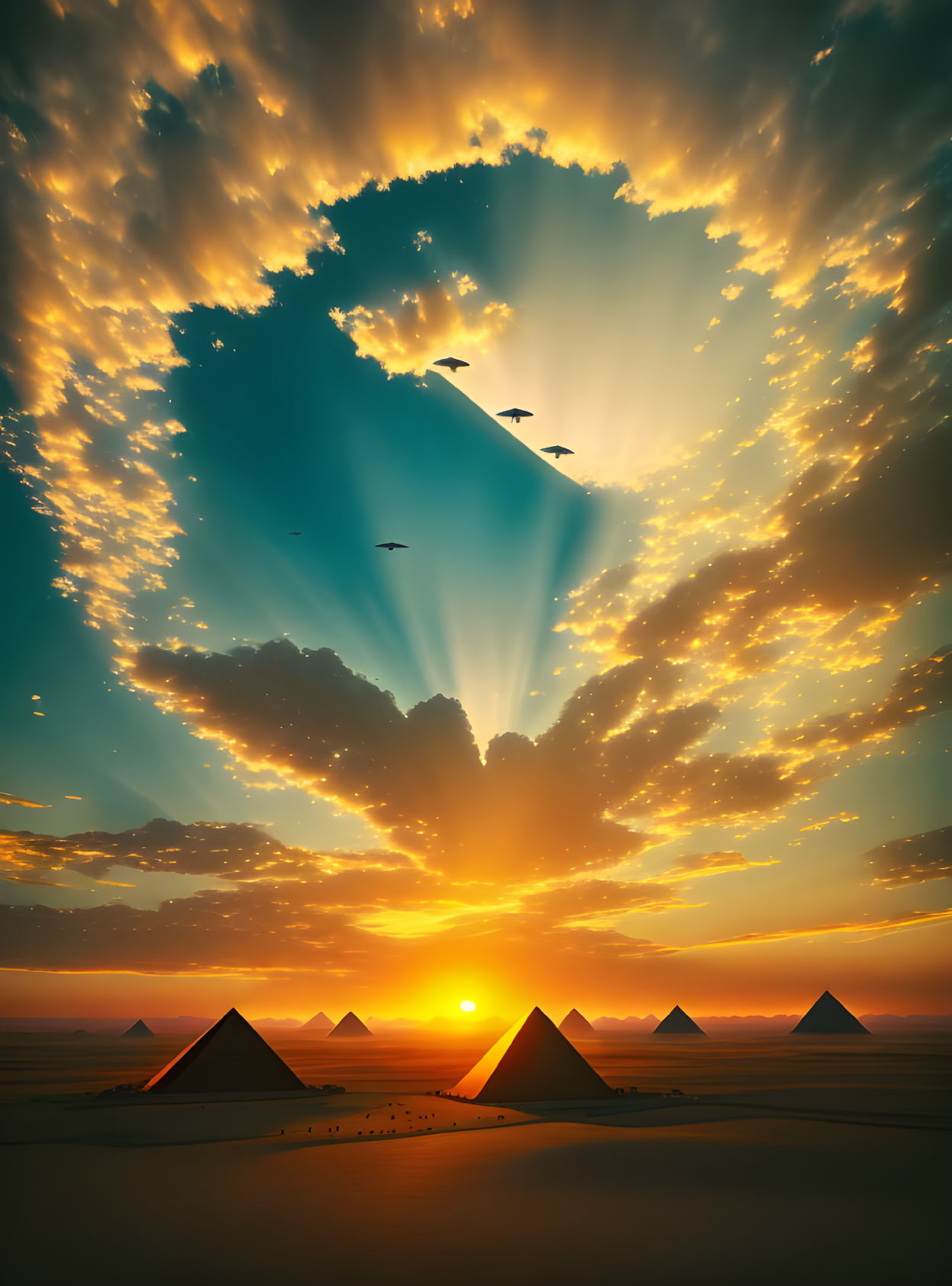 Dramatic sunrise with pyramids and birds in desert landscape