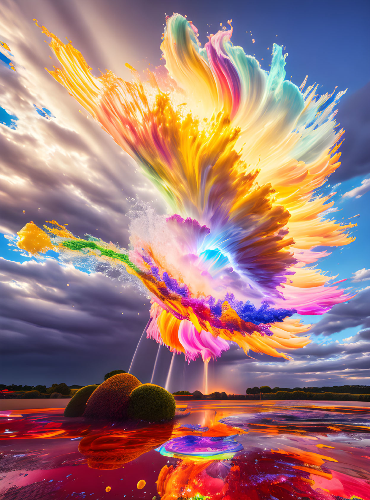 Colorful Bird in Flight Reflection on Glossy Surface Beneath Cloudy Sky