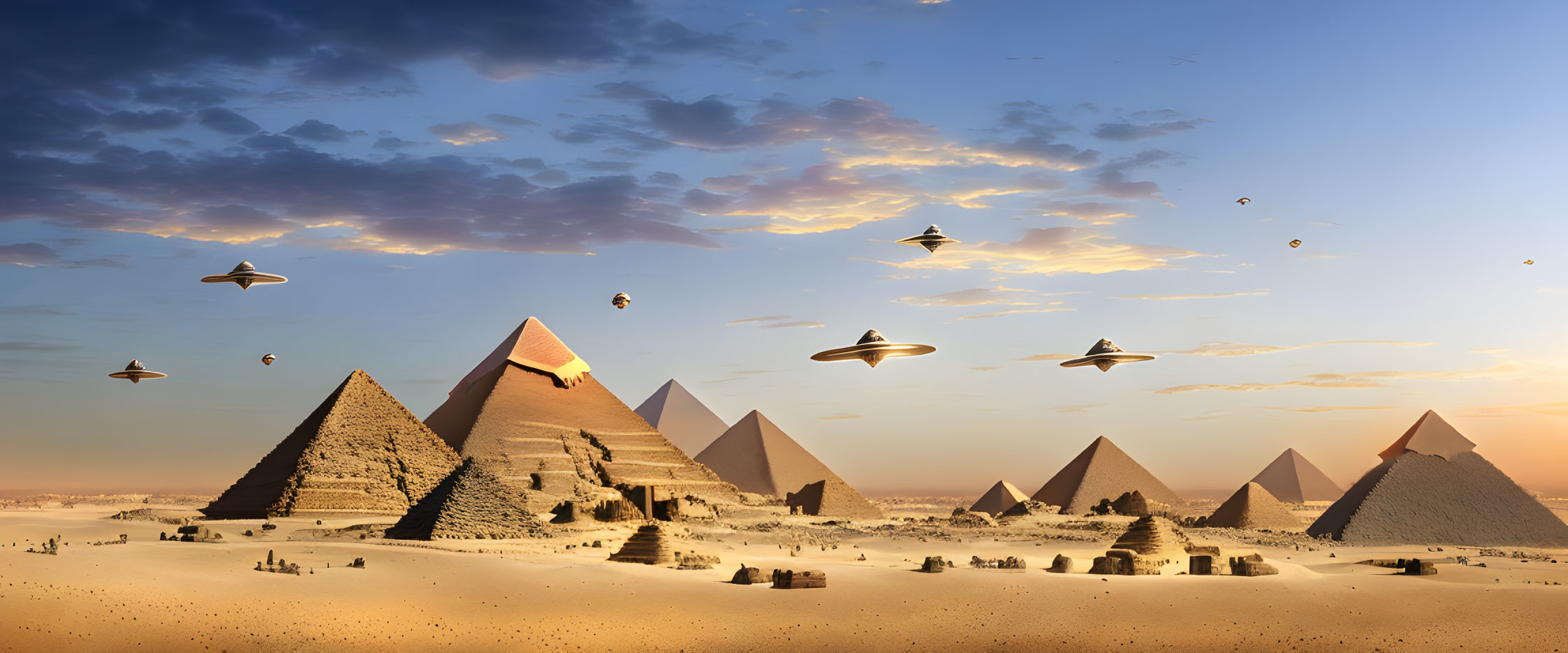 Egyptian desert scene with Pyramids, birds, and UFOs in sunny sky