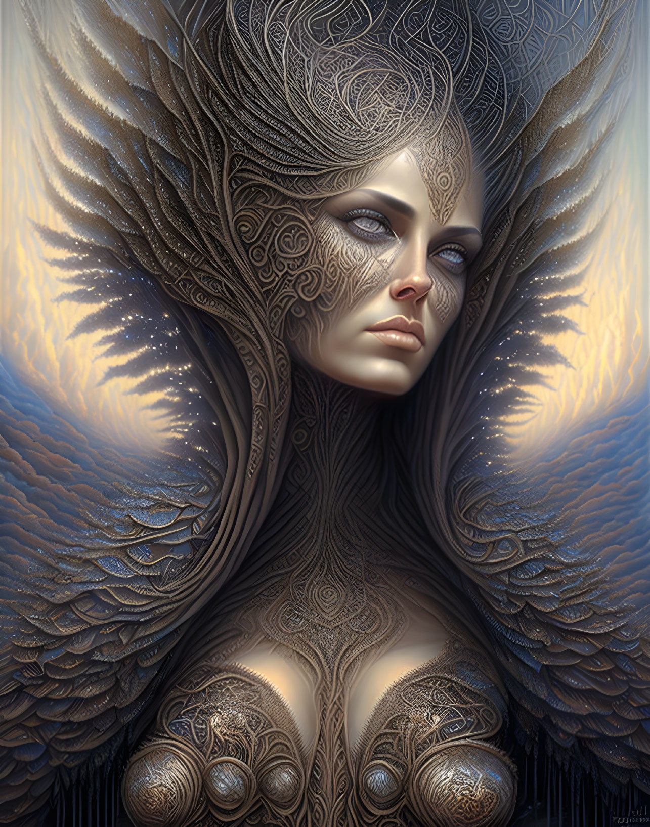 Detailed Fantasy Illustration: Woman with Feathered Wings and Elaborate Hair Designs