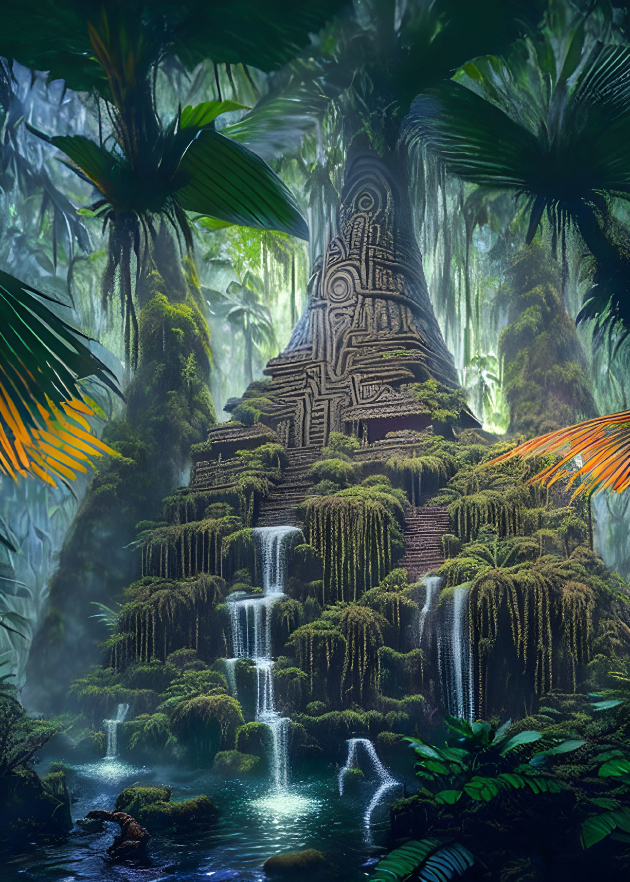 Ancient stone pyramid with intricate designs in lush green jungle