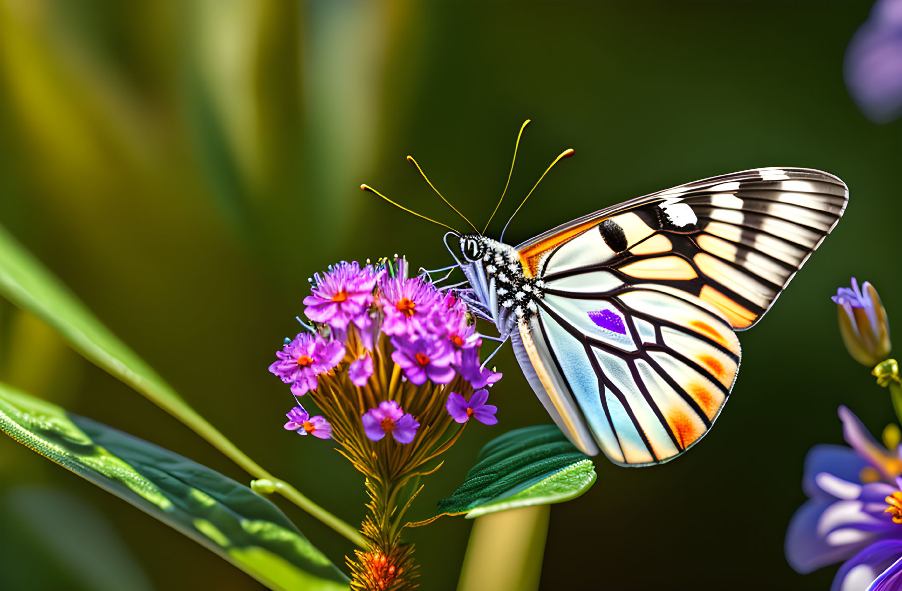 Transparent-winged Butterfly on Vibrant Purple Flowers and Green Bokeh Background