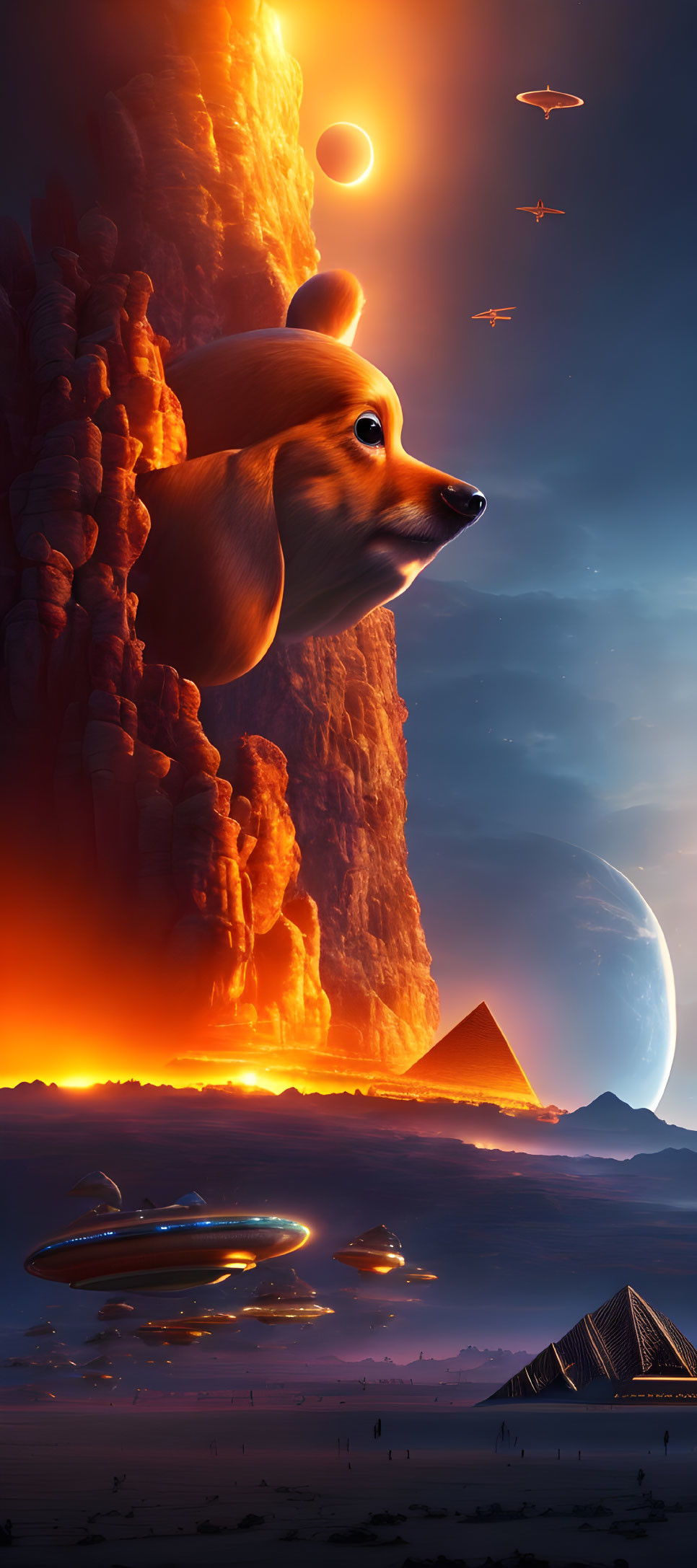 Surreal landscape with giant corgi head, pyramids, ships, and otherworldly