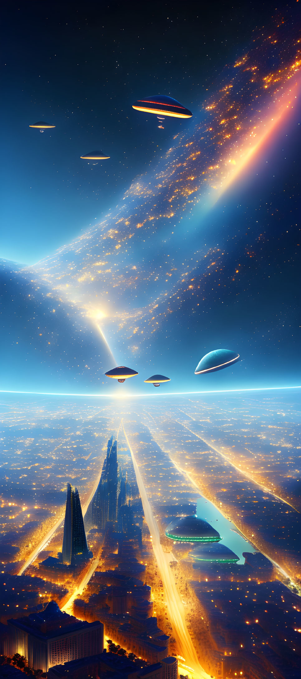 Glowing skyscrapers and flying saucers in futuristic cityscape