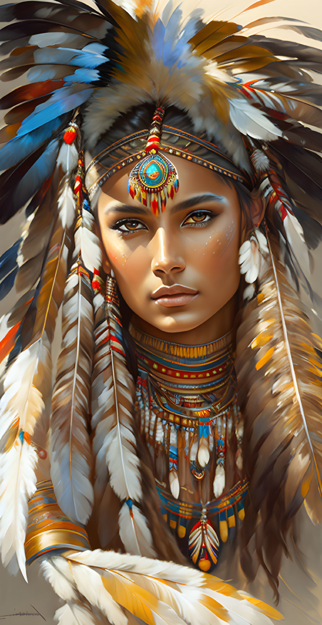 Woman in Native American headdress exudes strength and serenity