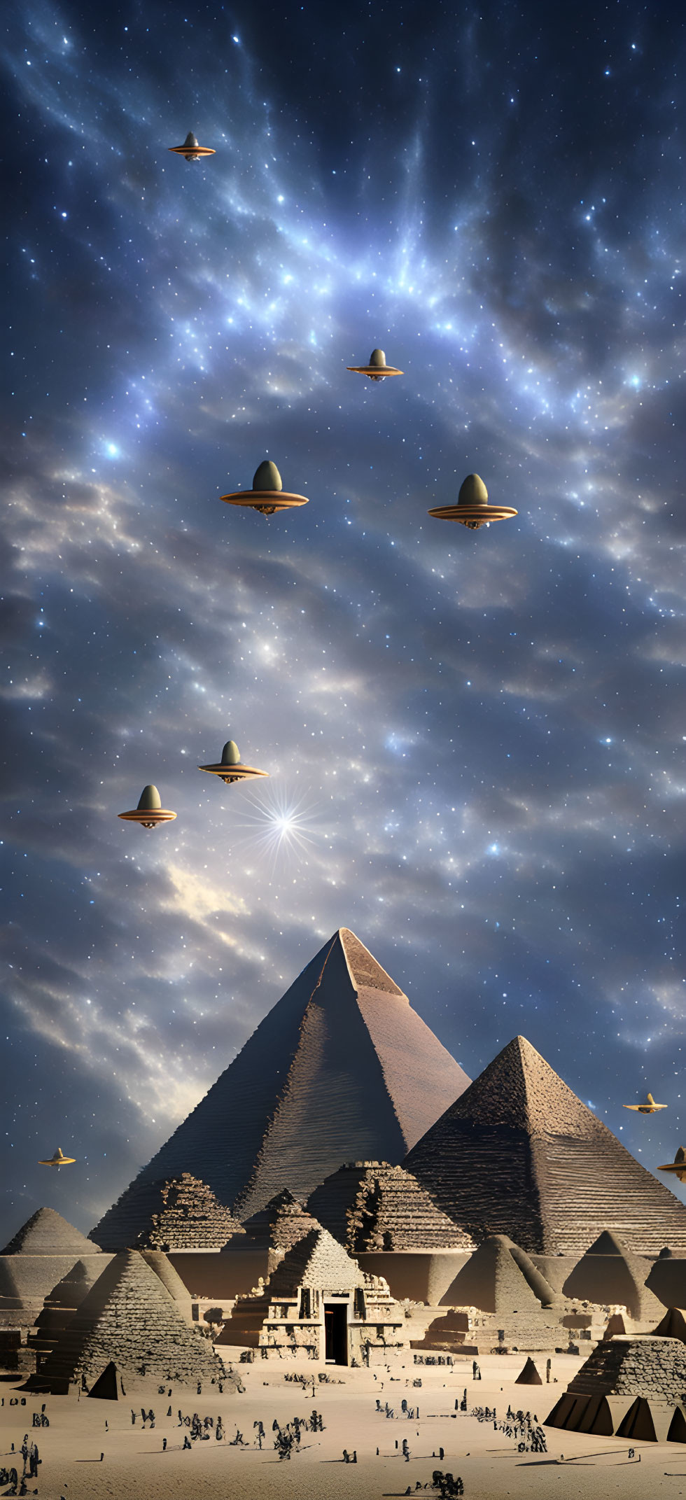 Starry Night Sky Over Egyptian Pyramids with UFOs and Celestial Glow